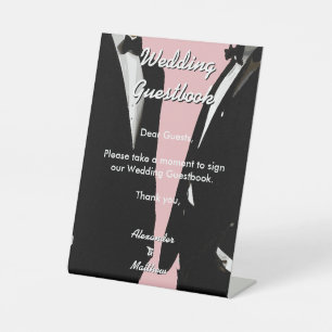 Elegant Modern Gay Men Pink Wedding Guestbook Pedestal Sign