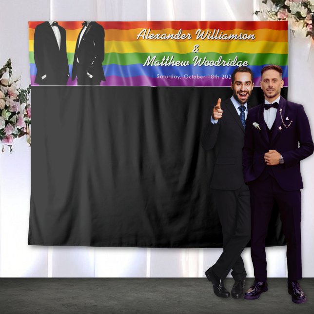 Elegant Modern Gay Men Rainbow Wedding Backdrop Tapestry (Creator Uploaded)