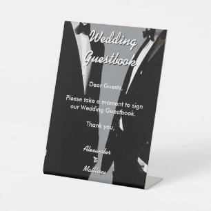 Elegant Modern Gay Men Wedding Grey Guestbook Pedestal Sign