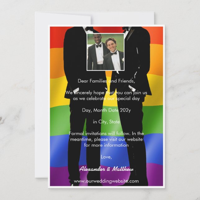 Elegant Modern Gay Men Wedding Photo Rainbow Save The Date (Back)