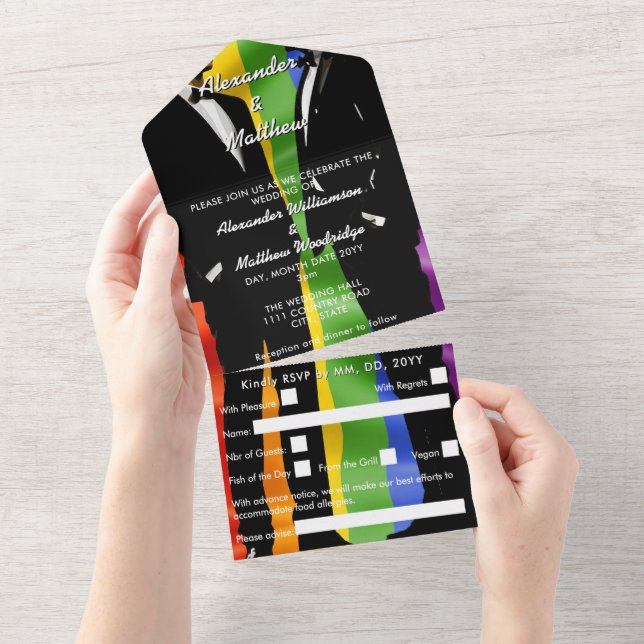 Elegant Modern Gay Men Wedding Rainbow All In One Invitation (Tearaway)