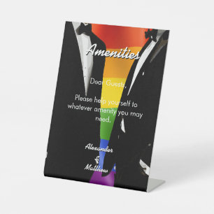 Elegant Modern Gay Men Wedding Rainbow Amenities Pedestal Sign