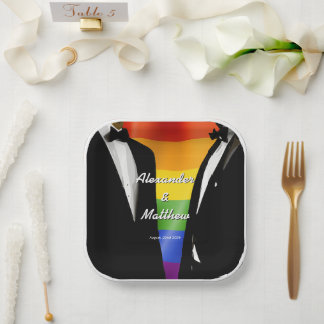 Elegant Modern Gay Men Wedding Rainbow Paper Plate