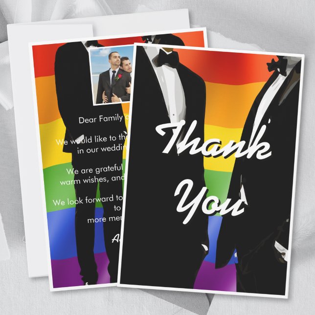 Elegant Modern Gay Men Wedding Rainbow Photo Thank You Card (Creator Uploaded)