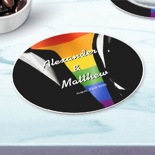 Elegant Modern Gay Men Wedding Rainbow Round Paper Coaster