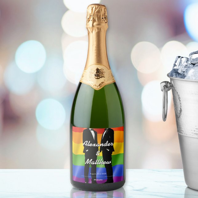 Elegant Modern Gay Men Wedding Rainbow Sparkling Wine Label (Creator Uploaded)