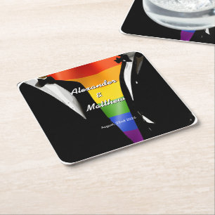 Elegant Modern Gay Men Wedding Rainbow Square Paper Coaster