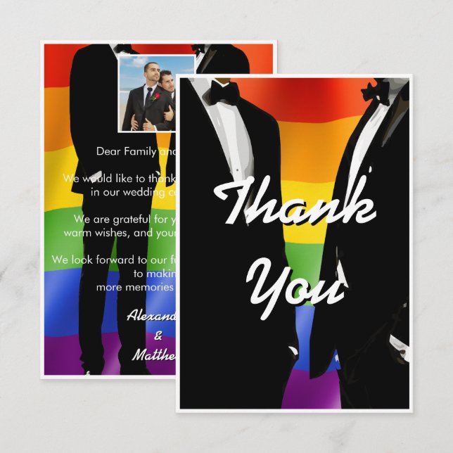 Elegant Modern Gay Men Wedding Rainbow Thank You Card (Front/Back)