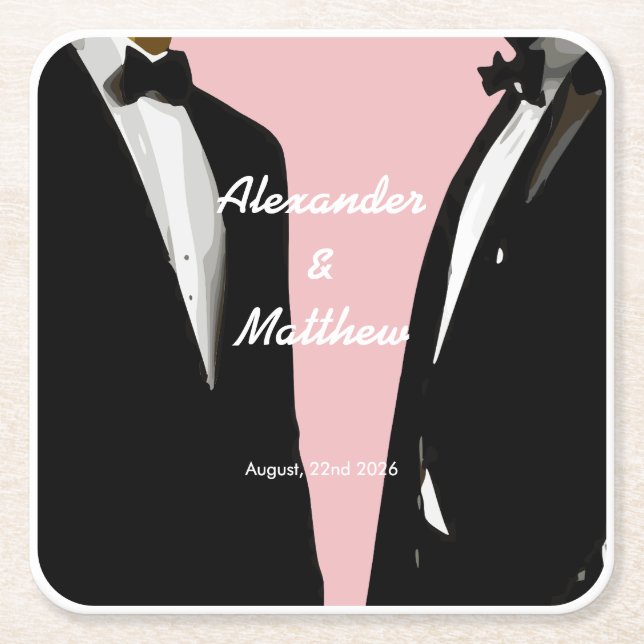 Elegant Modern Gay Men Wedding Square Paper Coaster (Front)