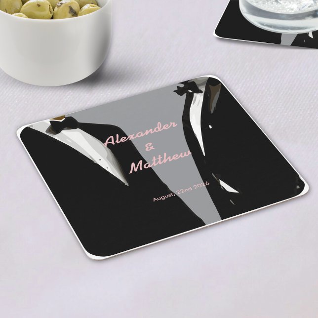 Elegant Modern Gay Men Wedding Square Paper Coaster (Creator Uploaded)