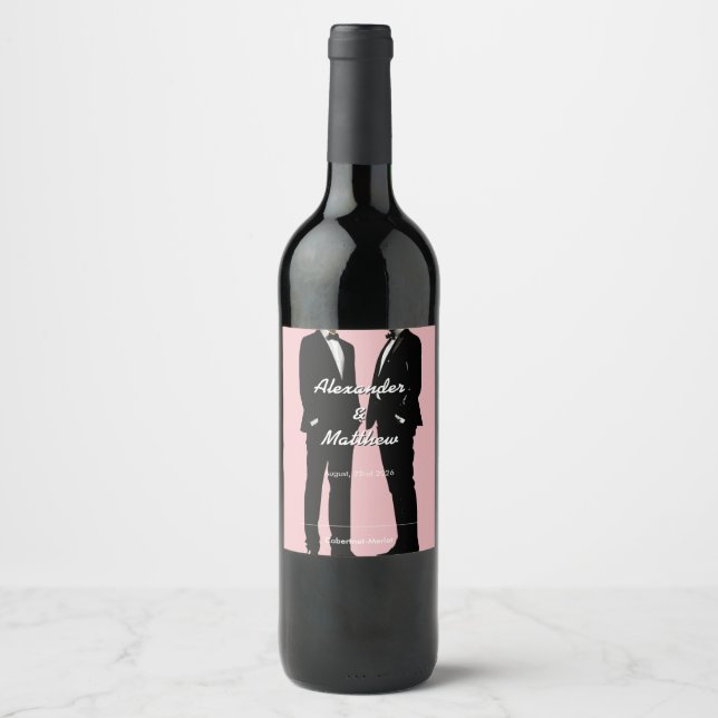 Elegant Modern Gay Men Wedding Wine Label (Front)