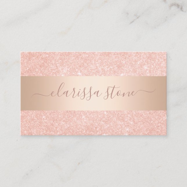 Elegant modern geometric copper rose gold glitter business card (Front)
