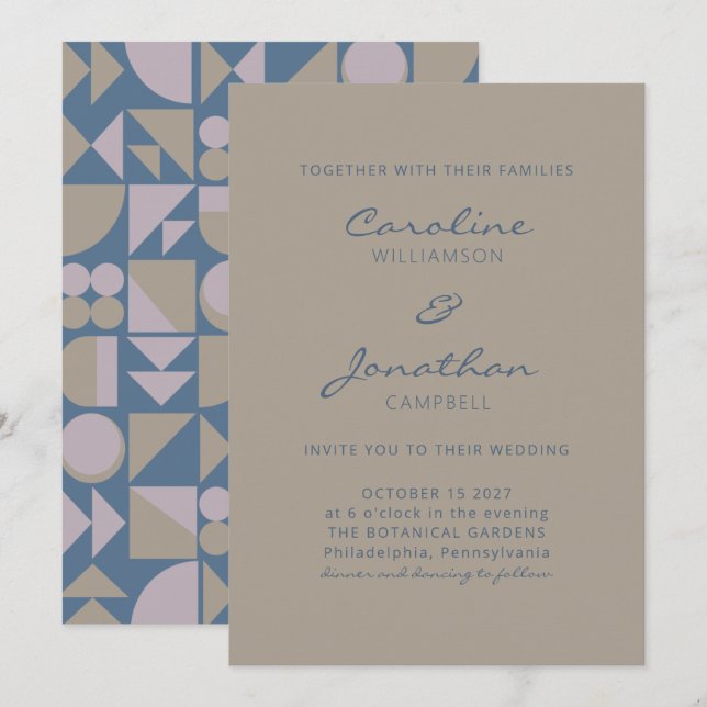 Elegant Modern Geometric Dusty Blue Taupe Wedding  Invitation (Front/Back)
