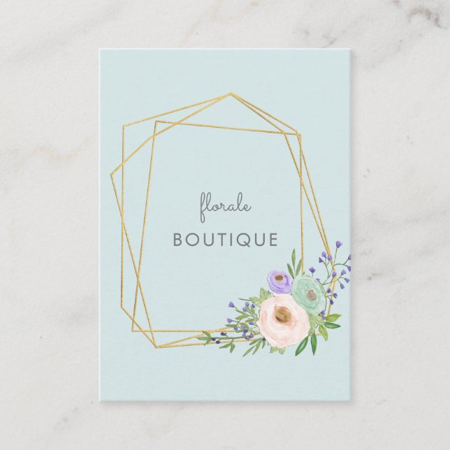 Elegant, modern, geometric gold & pastel flowers business card (Front)