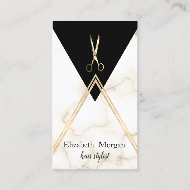 Elegant Modern Geometric Marble Gold,Scissors Business Card (Front)