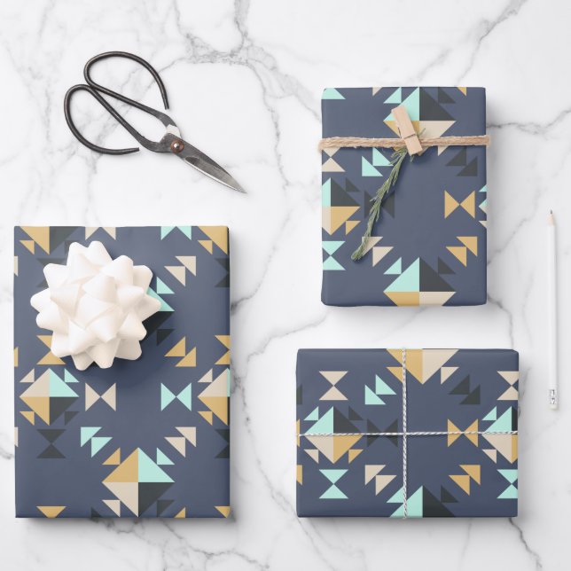 Elegant Modern Geometric Quilt Pattern Navy Blue Wrapping Paper Sheet (Front)