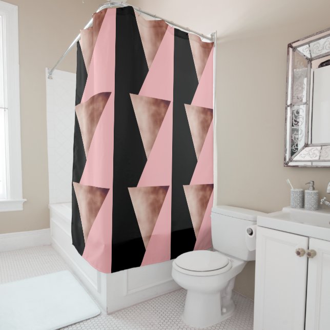 elegant modern geometric rose gold pink black shower curtain (In Situ)