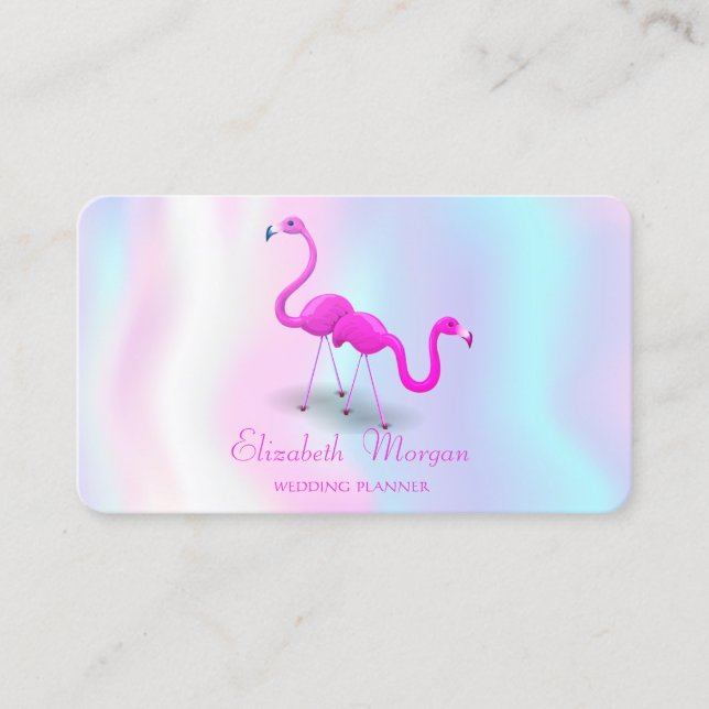 Elegant Modern Girly Holographic, Flamingos Business Card (Front)
