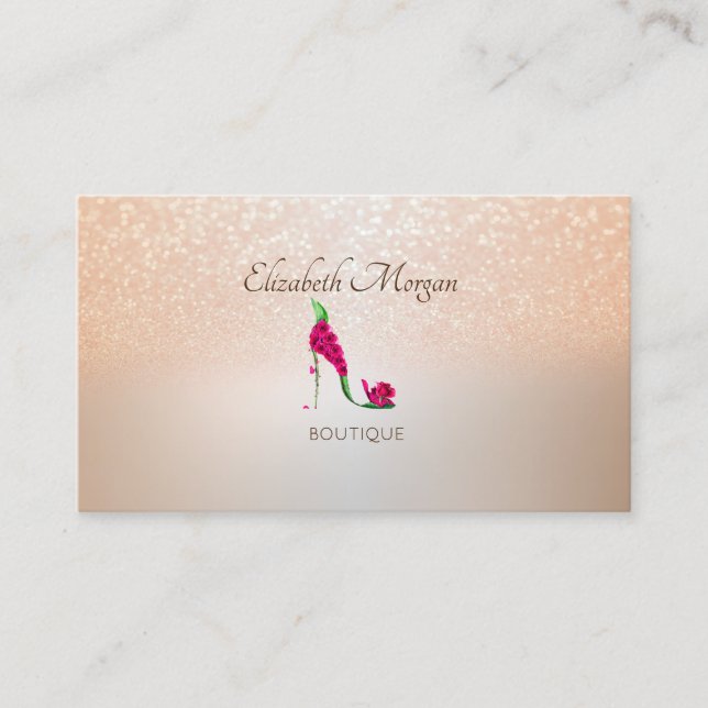 Elegant Modern, Glitter Bokeh ,Floral High Heels Business Card (Front)