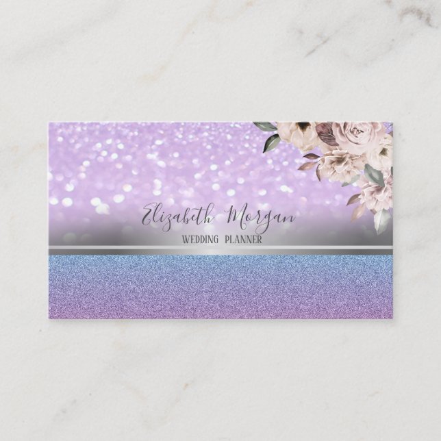 Elegant Modern Glitter Bokeh,Silver Stripe,Flowers Business Card (Front)