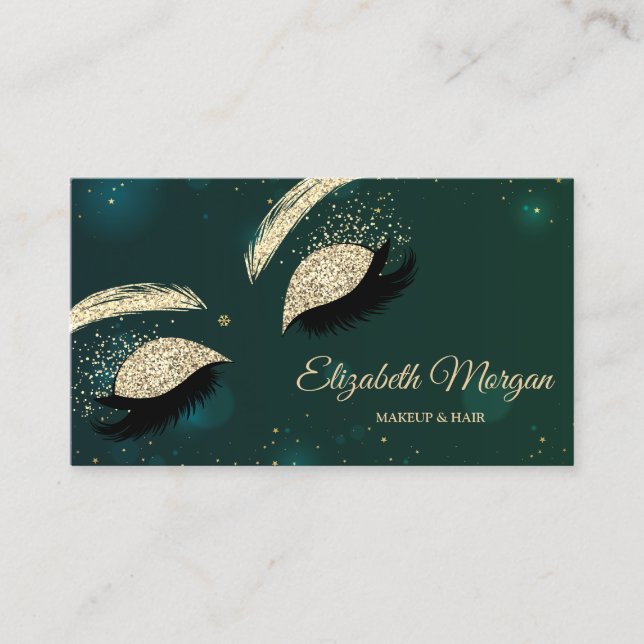 Elegant Modern Glitter Faux Lashes Green Business Card (Front)