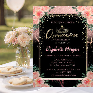 Elegant Modern Glitter Gold Tiara, Marble Flowers Invitation