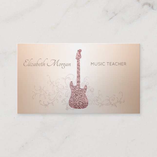 Elegant Modern,Glitter Guitar, Music Teacher Business Card (Front)