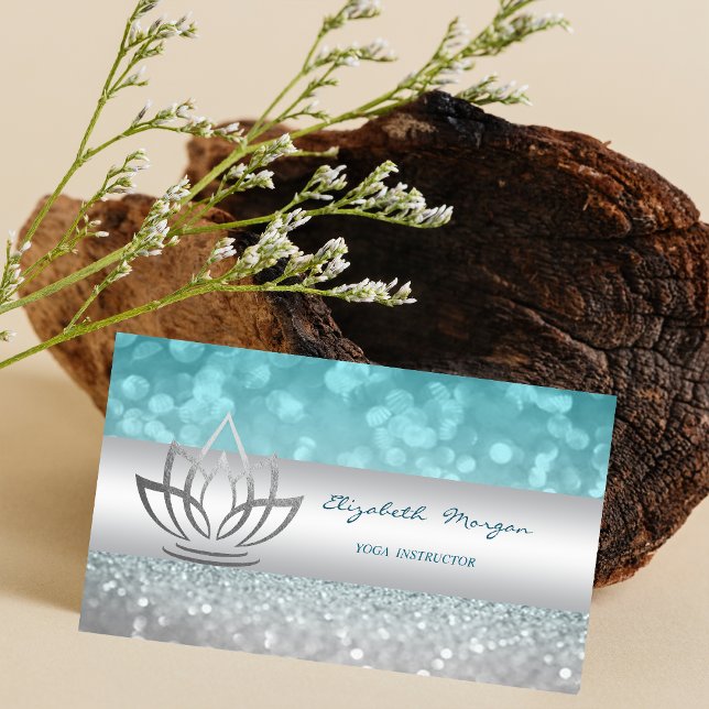 Elegant Modern Glittery Bokeh Silver Lotus Business Card (Creator Uploaded)