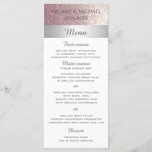 Elegant modern glittery silver stripe menu (Front)