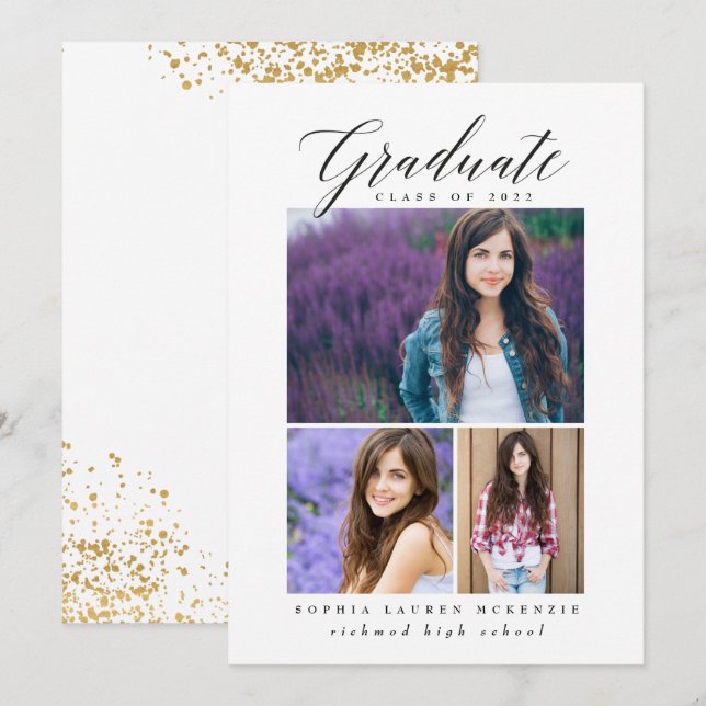 Elegant modern gold abstract speckled graduation announcement (Front/Back)