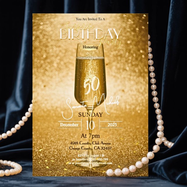 Elegant Modern Gold Adult Birthday Surprise Party Foil Holiday Card (Creator Uploaded)