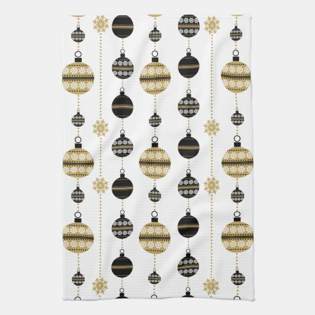 Elegant Modern Gold and Black Christmas Ornaments Tea Towel (Vertical)