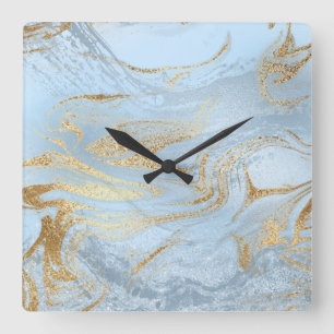 Elegant modern gold and light blue marble glitter square wall clock