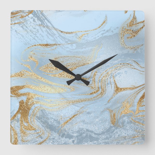 Elegant modern gold and light blue marble glitter square wall clock (Front)