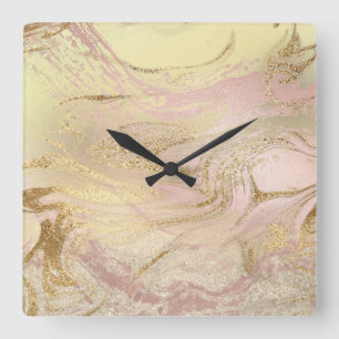 Elegant modern gold and rose gold marble & glitter square wall clock