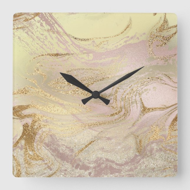 Elegant modern gold and rose gold marble & glitter square wall clock (Front)