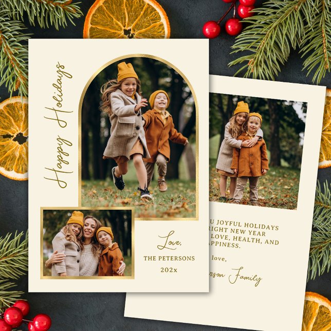 Elegant Modern Gold Arch 3 Photo Happy Holiday Card (Creator Uploaded)