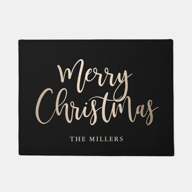 Elegant Modern Gold & Back Merry Christmas Doormat (Front)