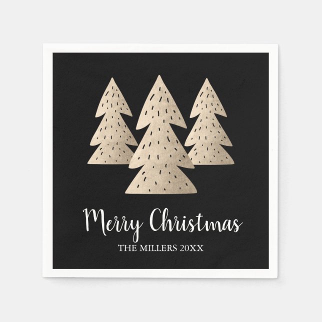 Elegant modern gold & black Merry Christmas tree Napkin (Front)