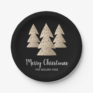 Elegant modern gold & black Merry Christmas tree Paper Plate