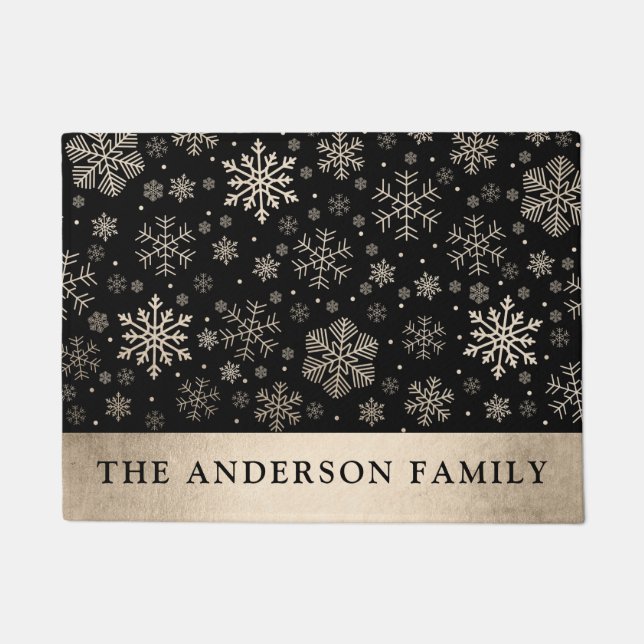 Elegant Modern Gold & Black Snowflakes Christmas Doormat (Front)