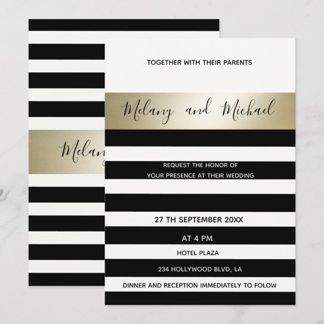 Elegant modern gold Black/white stripes Invitation (Front/Back)