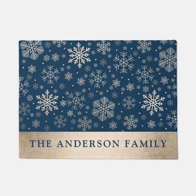 Elegant Modern Gold & Blue Snowflakes Christmas Doormat (Front)