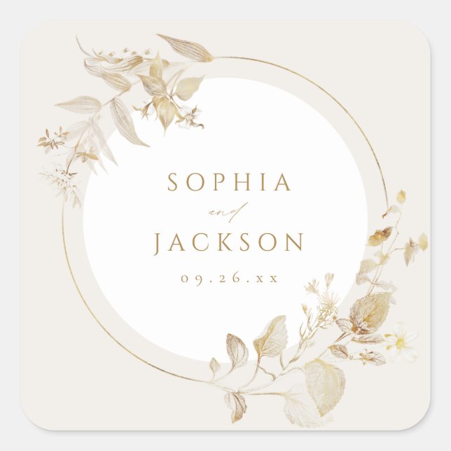Elegant Modern Gold Botanical Floral Wedding Favou Square Sticker (Front)