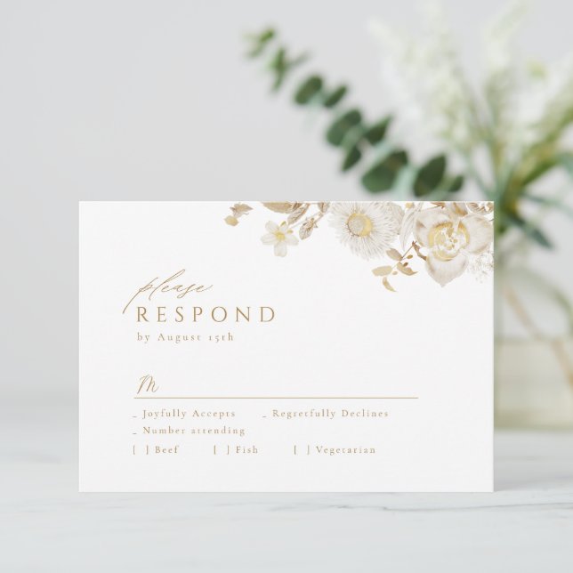 Elegant Modern Gold Botanical Floral Wedding RSVP Card (Standing Front)