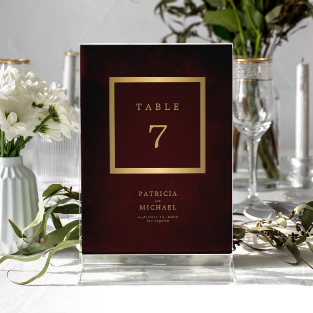 Elegant modern gold burgundy wedding table number (Creator Uploaded)
