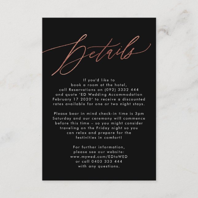 Elegant Modern Gold Calligraphy Wedding Details RSVP Card (Front)