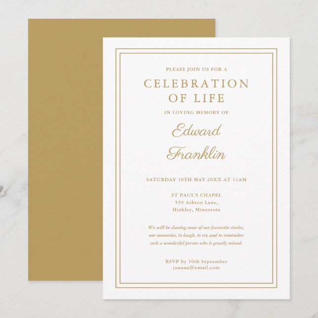Elegant Modern Gold Celebration Of Life Funeral Invitation (Front/Back)