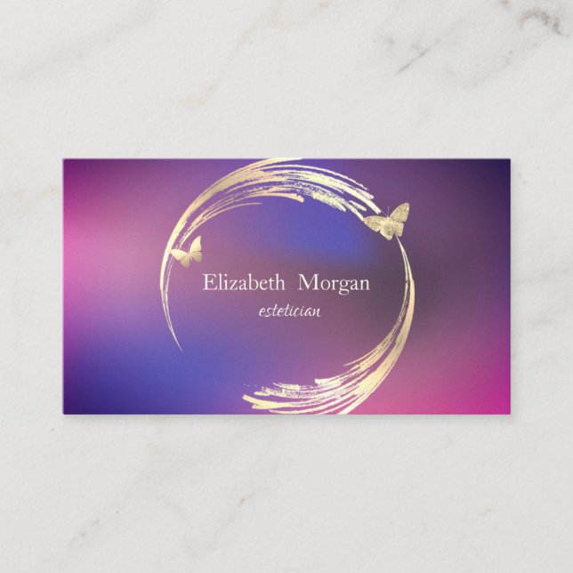 Elegant Modern Gold Circles Butterflies Purple Business Card (Front)