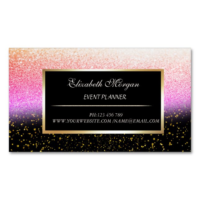 Elegant Modern Gold Confetti,Black,Bokeh Frame Magnetic Business Card (Front)